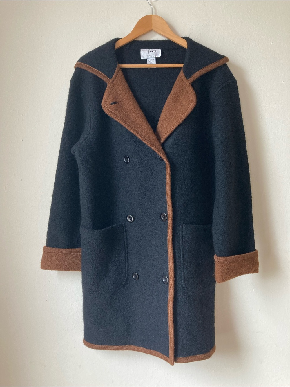 Casual Work Styles Hooded 100% Wool Pea Coat Black / Brown Sz XS